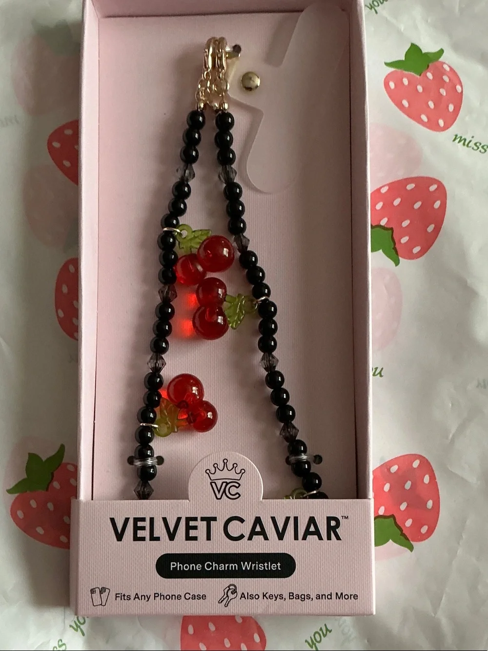 Velvet Caviar Black Beaded Wristlet with Red Cherry Charms